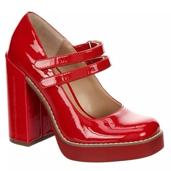 Steve Madden Twice Red Patent Leather Block Heel Mary Jane Platform Pumps Size 6 - Picture 3 of 9